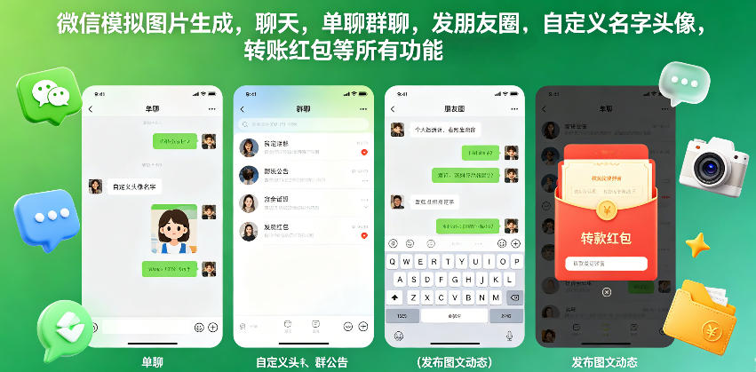 微信模拟图片生成，聊天，单聊群聊，发朋友圈，自定义名字头像，转账红包等所有功能都可以生成-灰产星球
