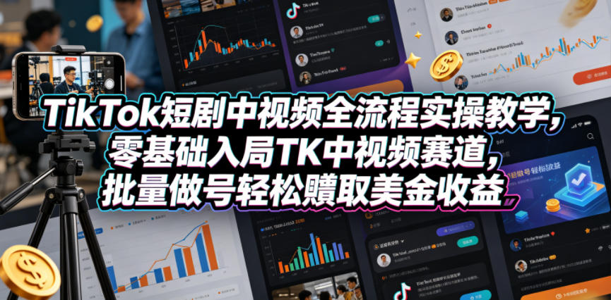 TikTok短剧中视频全流程实操教学，零基础入局TK中视频赛道，批量做号轻松賺取美金收益-灰产星球