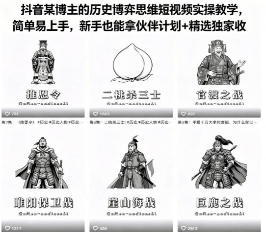 抖音某博主的历史博弈思维短视频实操教学，简单易上手，新手也能拿伙伴计划+精选独家收益-灰产星球
