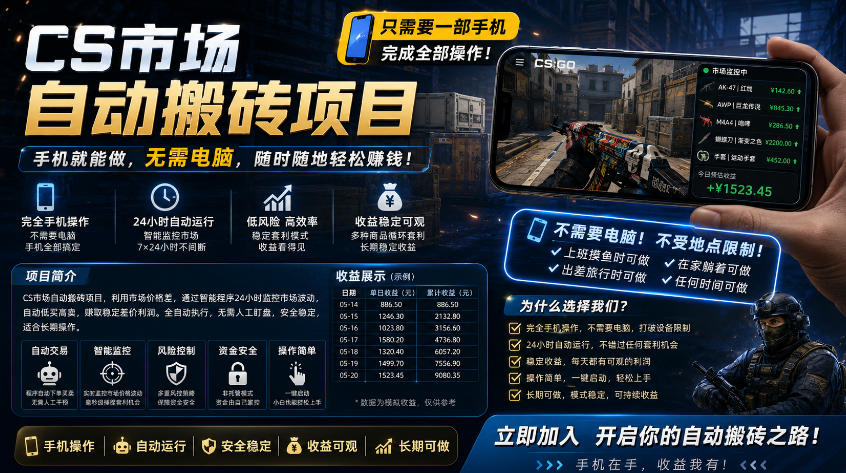 手机即可操作的CS市场自动搬砖系统｜自动监控｜自动下单|日入300+【揭秘】-灰产星球