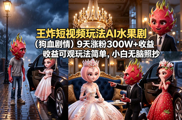 王炸短视频玩法AI水果剧（狗血剧情）9天涨粉300W+收益可观玩法简单，小白无脑照抄，详细拆解玩法-灰产星球