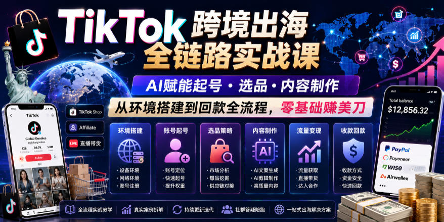 TikTok跨境出海全链路实战课,AI赋能起号?选品?内容制作,从环境搭建到回款全流程,零基础賺美刀-灰产星球