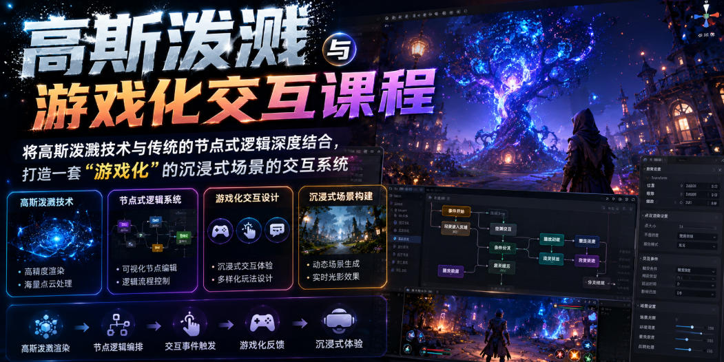高斯泼溅与游戏化交互课程，将高斯泼溅技术与传统的节点式逻辑深度结合，打造一套“游戏化”的沉浸式场景的交互系统-灰产星球