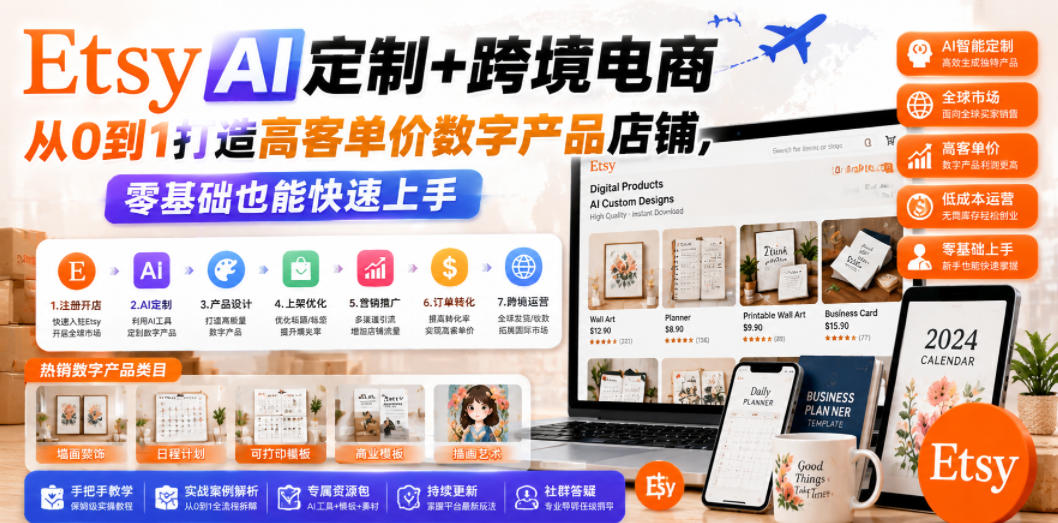 Etsy AI定制+跨境电商,从0到1打造高客单价数字产品店铺,零基础也能快速上手-灰产星球