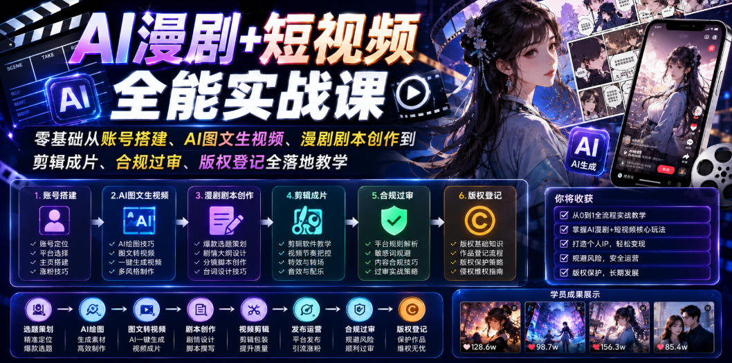 AI漫剧+短视频全能实战课｜零基础从账号搭建、AI图文生视频、漫剧剧本创作到剪辑成片、合规过审、版权登记全落地教学-灰产星球