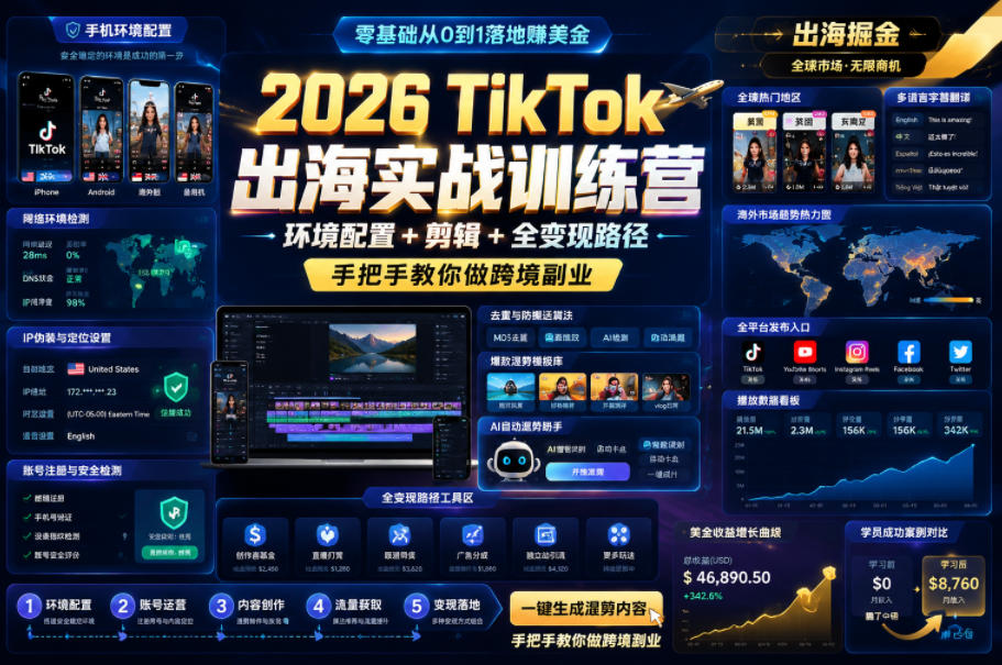 2026 TikTok出海实战训练营，环境配置 + 剪辑 + 全变现路径，手把手教你做跨境副业-灰产星球