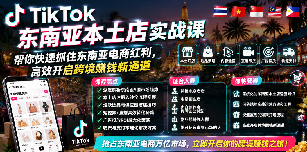 TikTok东南亚本土店实战课,帮你快速抓住东南亚电商红利,高效开启跨境賺钱新通道-灰产星球