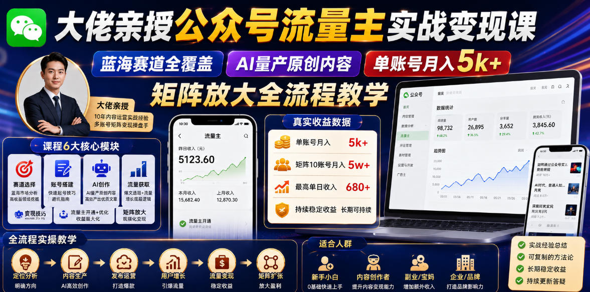 大佬亲授公众号流量主实战变现课，蓝海赛道全覆盖，AI量产原创内容，单账号月入5k+矩阵放大全流程教学-灰产星球
