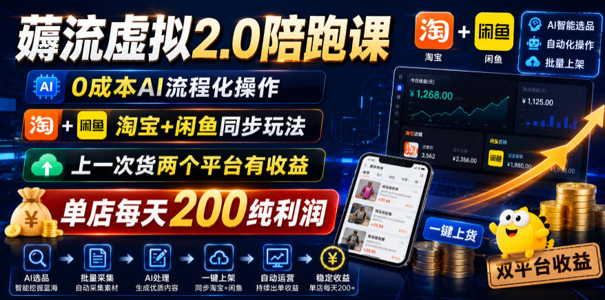 薅流虚拟2.0陪跑课,0成本AI流程化操作,淘宝+闲鱼同步玩法,上一次货两个平台有收益,单店每天200纯利润-灰产星球