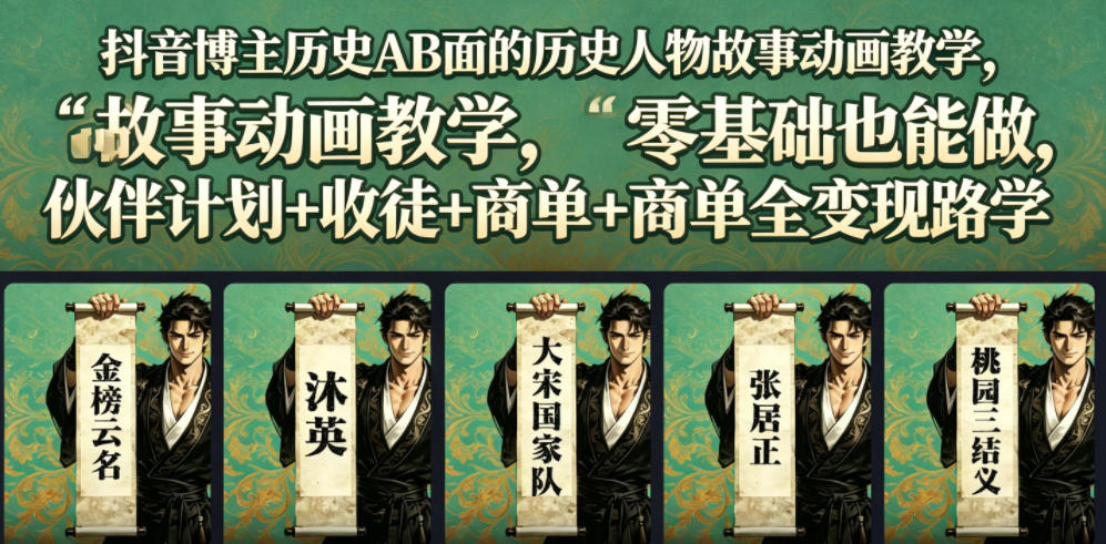 抖音博主历史AB面的历史人物故事动画教学,零基础也能做,伙伴计划+收徒+商单全变现路径教学-灰产星球