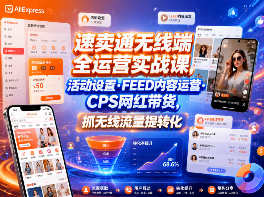 速卖通无线端全运营实战课,活动设置?FEED内容运营?CPS网红带货,抓无线流量提转化-灰产星球