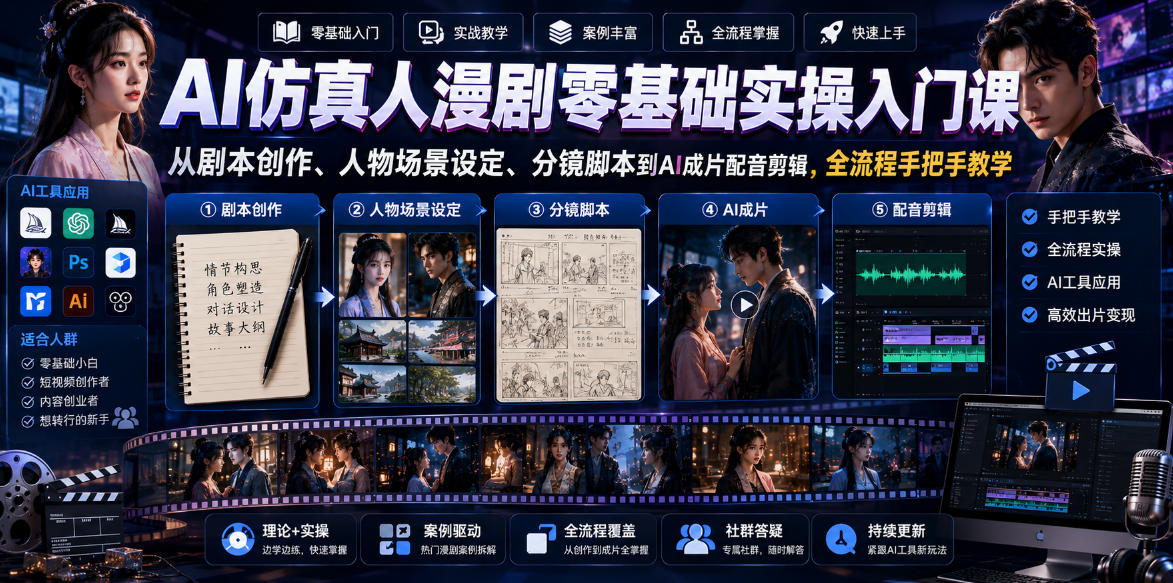 AI仿真人漫剧零基础实操入门课，从剧本创作、人物场景设定、分镜脚本到AI成片配音剪辑，全流程手把手教学-灰产星球
