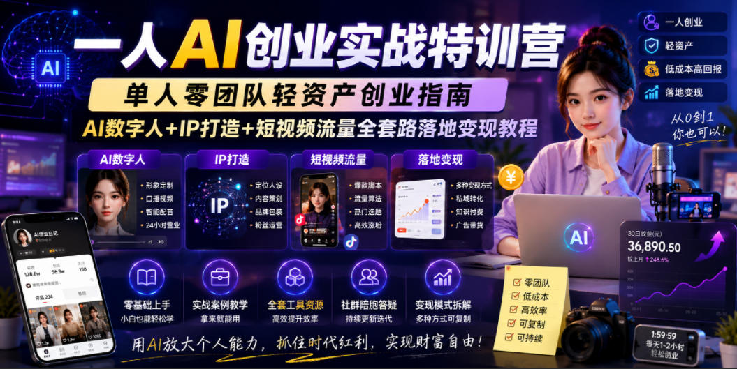 一人AI创业实战特训营，单人零团队轻资产创业指南，AI数字人+IP打造+短视频流量全套路落地变现教程-灰产星球