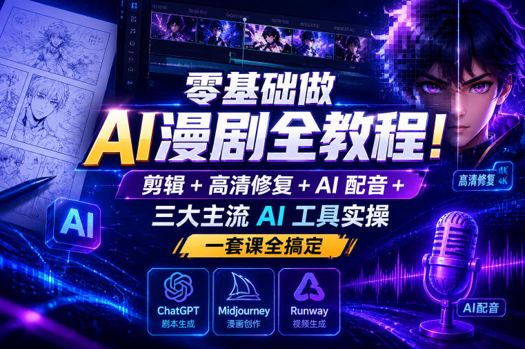 零基础做AI漫剧全教程！剪辑+高清修复+AI配音+三大主流AI工具实操，一套课全搞定-灰产星球