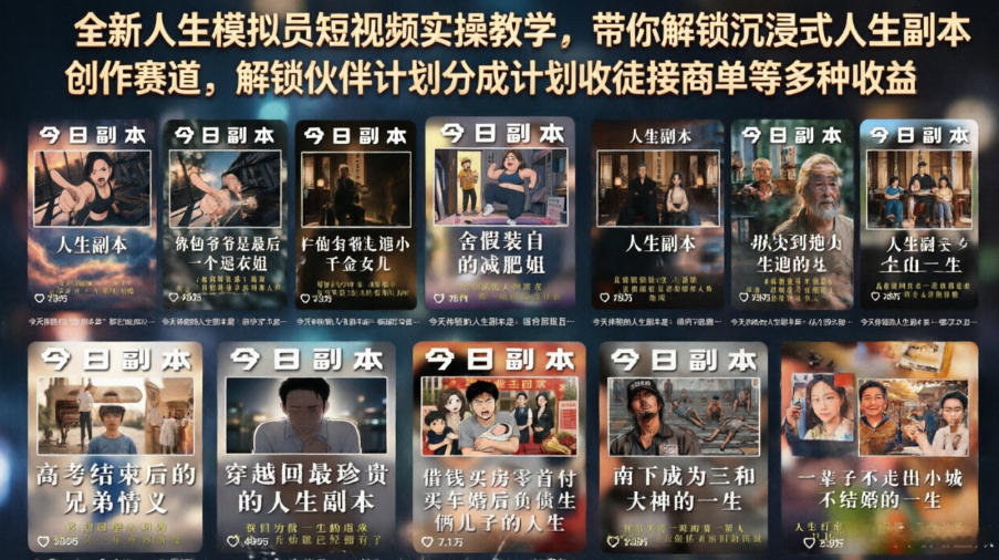 全新人生模拟员短视频实操教学，带你解锁沉浸式人生副本创作赛道，解锁伙伴计划分成计划收徒接商单等多种收益-灰产星球