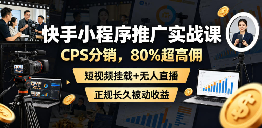 快手小程序推广实战课，CPS分销，80%超高佣，短视频挂载+无人直播，正规长久被动收益-灰产星球