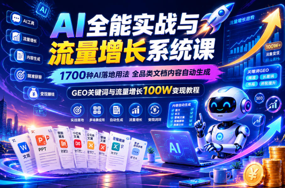 AI全能实战与流量增长系统课，1700种AI落地用法，全品类文档内容自动生成，GEO关键词与流量增长100W变现教程-灰产星球