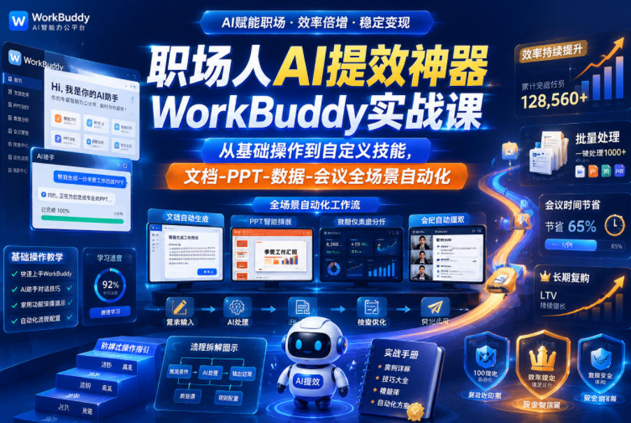职场人AI提效神器WorkBuddy实战课，从基础操作到自定义技能，文档-PPT-数据-会议全场景自动化-灰产星球