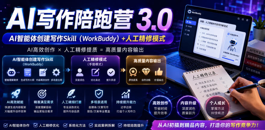 AI写作陪跑营3.0，Ai智能体创建写作skill（workbuddy）+人工手写模式（手搓模式），去除AI痕迹（头条号、公众号、百家号）-灰产星球