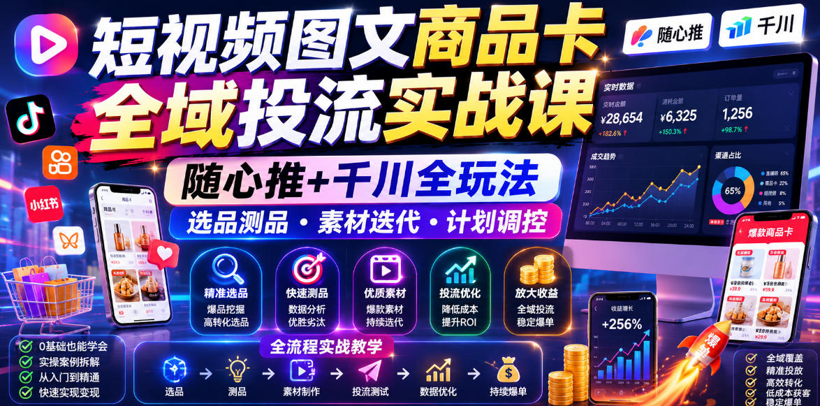 短视频图文商品卡全域投流实战课,随心推+千川全玩法,选品测品?素材迭代?计划调控,提升ROI爆单增收教程-灰产星球
