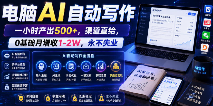 电脑AI自动写作,一小时产出500+,渠道直给,0基础月增收1-2W,永不失业【揭秘】-灰产星球