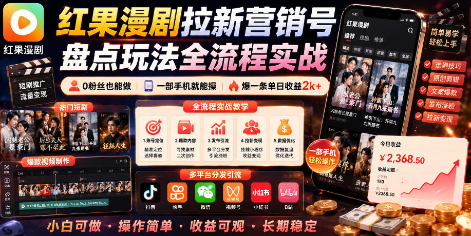 红果漫剧拉新营销号盘点玩法全流程实战,0粉丝也能做,一部手机就能做,爆一条单日收益2k+-灰产星球