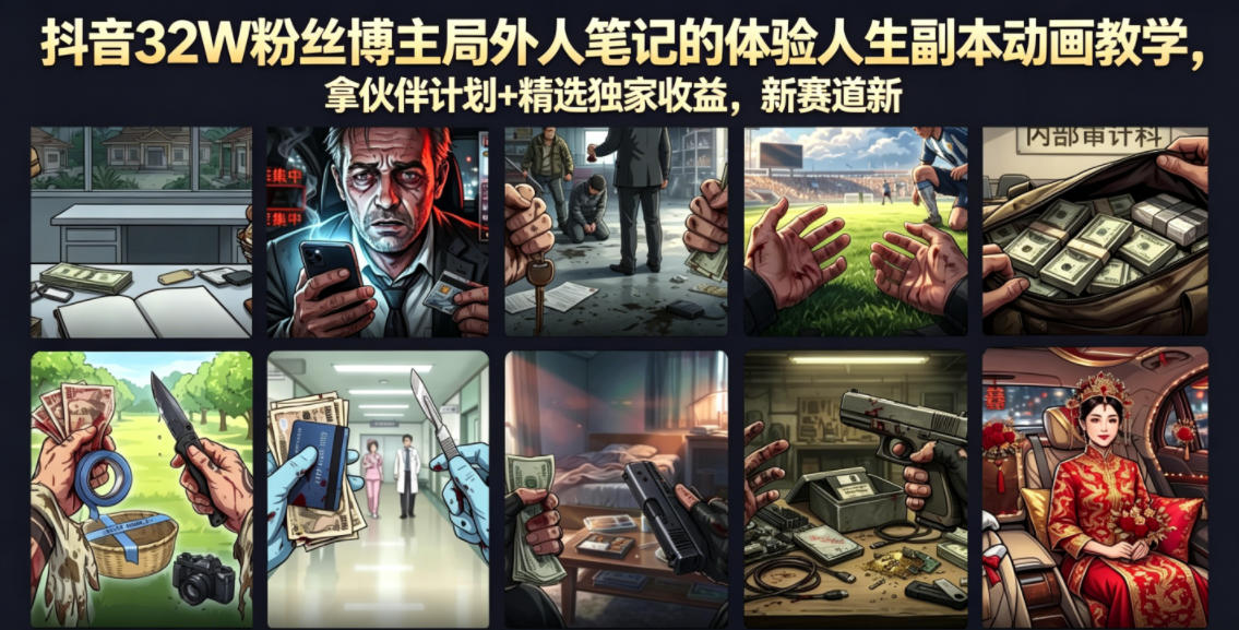 抖音32W粉丝博主局外人笔记的体验人生副本动画教学，拿伙伴计划+精选独家收益，新赛道新涨粉快【录制版】-灰产星球