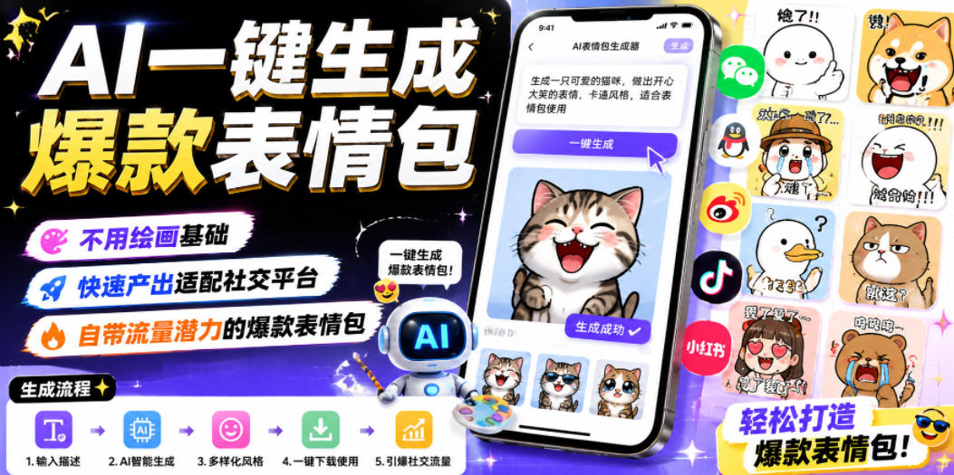 AI一键生成爆款表情包,不用绘画基础,快速产出适配社交平台,自带流量潜力的爆款表情包-灰产星球
