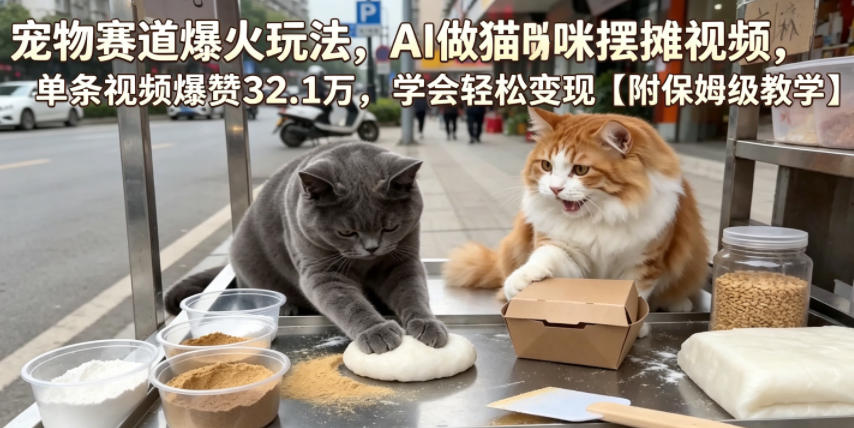 宠物赛道爆火玩法,AI做猫咪摆摊视频,单条视频爆赞32.1万,学会轻松变现【附保姆级教学】-灰产星球