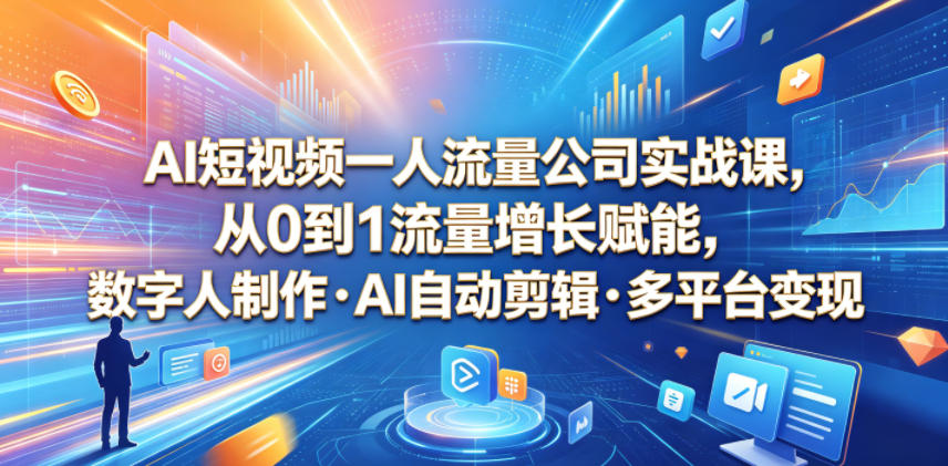 AI短视频一人流量公司实战课，从0到1流量增长赋能，数字人制作?AI自动剪辑?多平台变现，一人做流量生意全落地教程-灰产星球