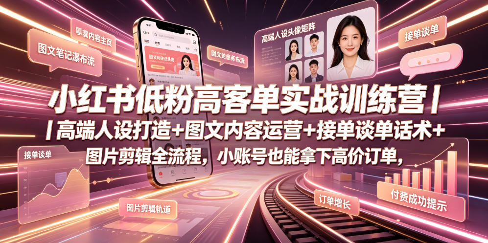 小红书低粉高客单实战训练营｜高端人设打造+图文内容运营+接单谈单话术+图片剪辑全流程，小账号也能拿下高价订单-灰产星球