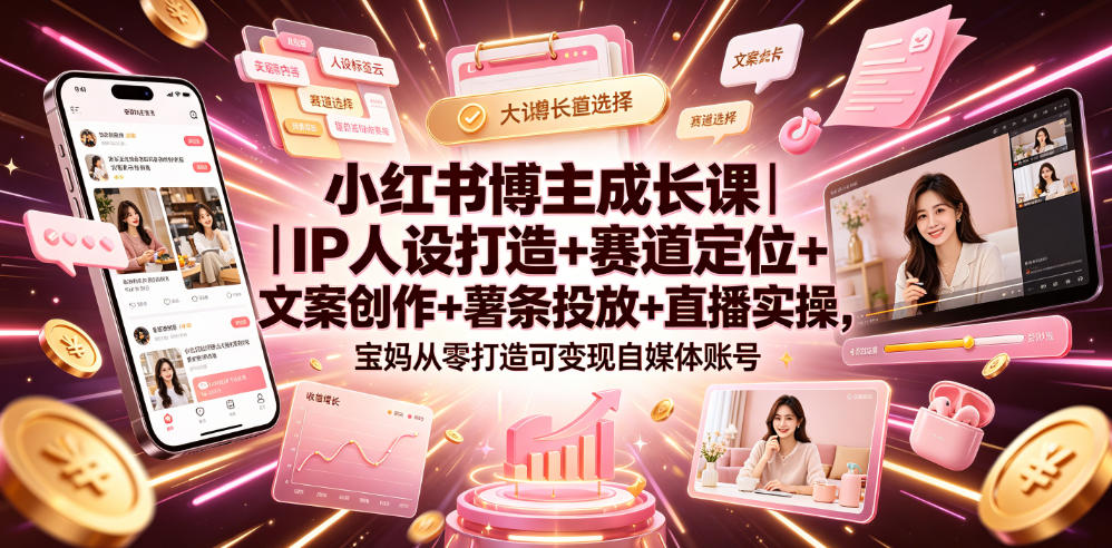 小红书博主成长课｜IP人设打造+赛道定位+文案创作+薯条投放+直播实操，宝妈从零打造可变现自媒体账号-灰产星球
