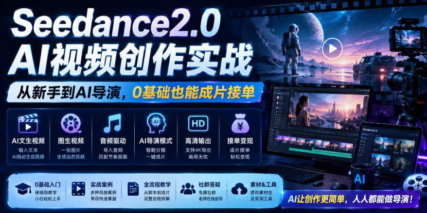 Seedance2.0 AI视频创作实战，从新手到AI导演，0基础也能成片接单变现-灰产星球