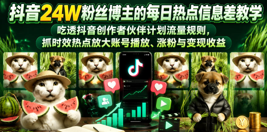 抖音24W粉丝博主的每日热点信息差教学，吃透创作者伙伴计划流量规则，抓时效热点放大账号播放、涨粉与变现收益-灰产星球