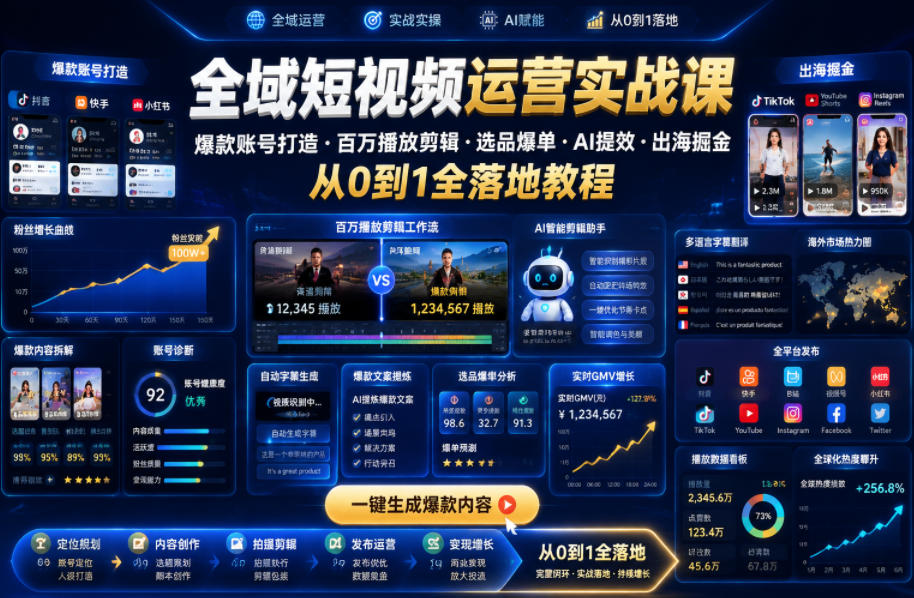 全域短视频运营实战课，爆款账号打造?百万播放剪辑?选品爆单?AI提效?出海掘金，从0到1全落地教程-灰产星球