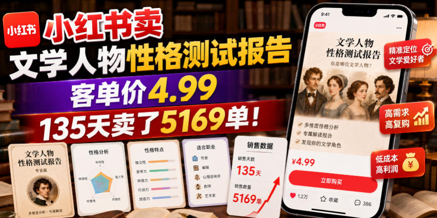 小红书卖文学人物性格测试报告，客单价4.99，135天卖了5169单！-灰产星球