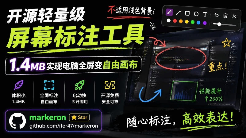 开源轻量级屏幕标注工具，1.4MB实现电脑全屏变自由画布！支持8种标注工具和全键盘操控MarkerOn-灰产星球