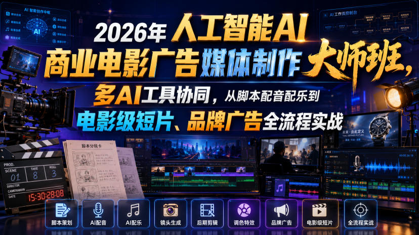 2026年人工智能AI商业电影广告媒体制作大师班，多AI工具协同，从脚本配音配乐到电影级短片、品牌广告全流程实战（中英字幕）-灰产星球