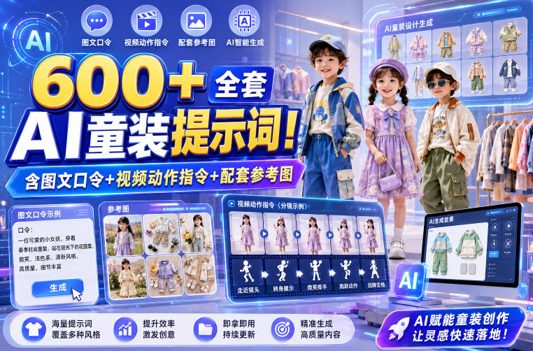600+全套AI童装提示词！含图文口令+视频动作指令+配套参考图，Word-Excel规整分类，童装电商、种草无脑量产内容！-灰产星球
