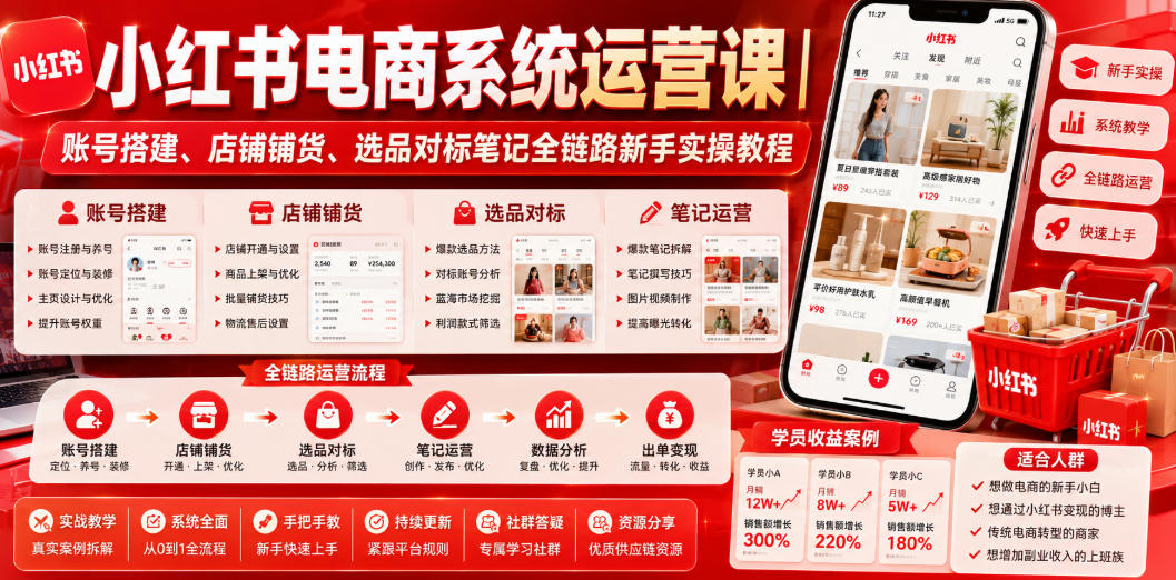 小红书电商系统运营课｜账号搭建、店铺铺货、选品对标笔记全链路新手实操教程-灰产星球