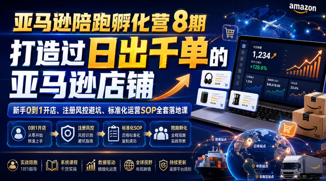 亚马逊陪跑孵化营8期，打造过日出千单的亚马逊店铺，新手0到1开店、注册风控避坑、标准化运营SOP全套落地课-灰产星球