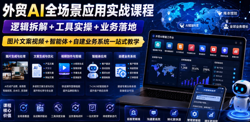 外贸AI全场景应用实战课程｜逻辑拆解+工具实操+业务落地，图片文案视频+智能体+自建业务系统一站式教学-灰产星球