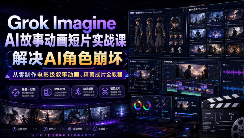 Grok Imagine AI故事动画短片实战课｜解决AI角色崩坏，从零制作电影级叙事动画、精剪成片全教程（中英字幕）-灰产星球