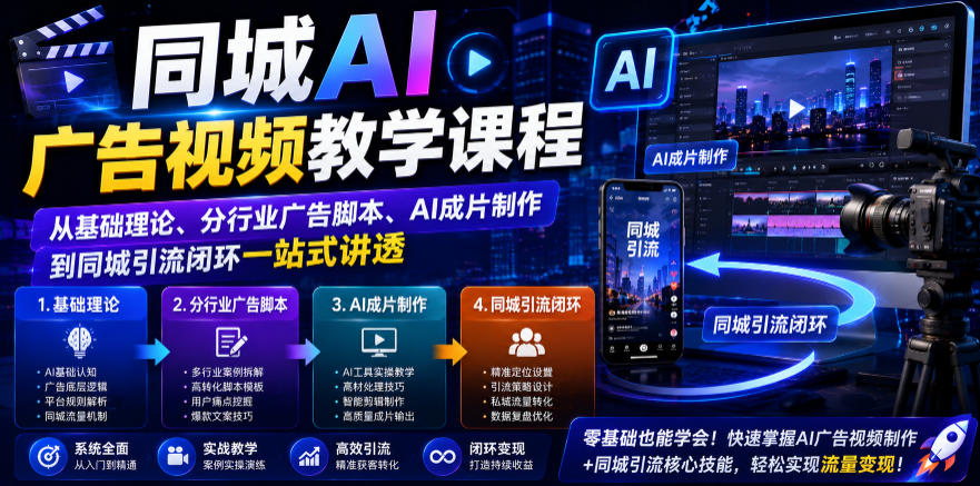 同城AI广告视频教学课程，从基础理论、分行业广告脚本、AI成片制作到同城引流闭环一站式讲透-灰产星球
