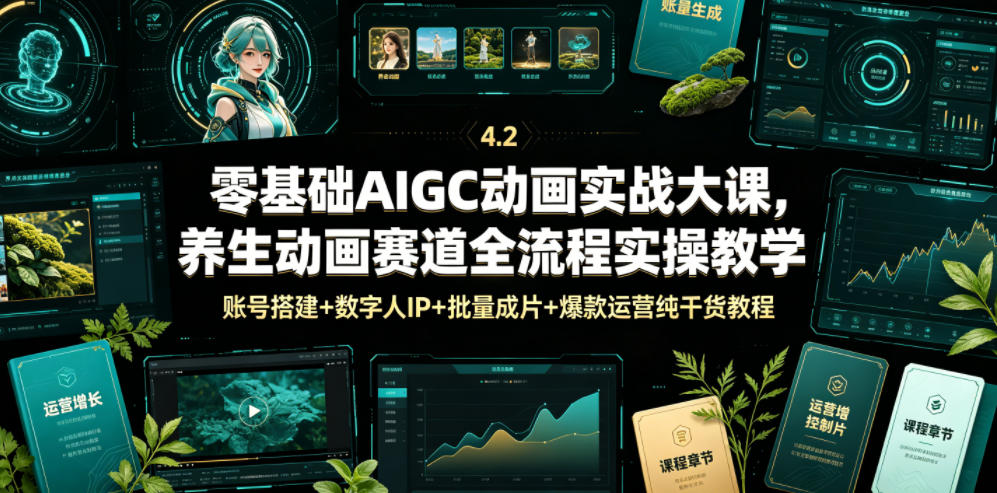 零基础AIGC动画实战大课，养生动画赛道全流程实操教学，账号搭建+数字人IP+批量成片+爆款运营纯干货教程-灰产星球