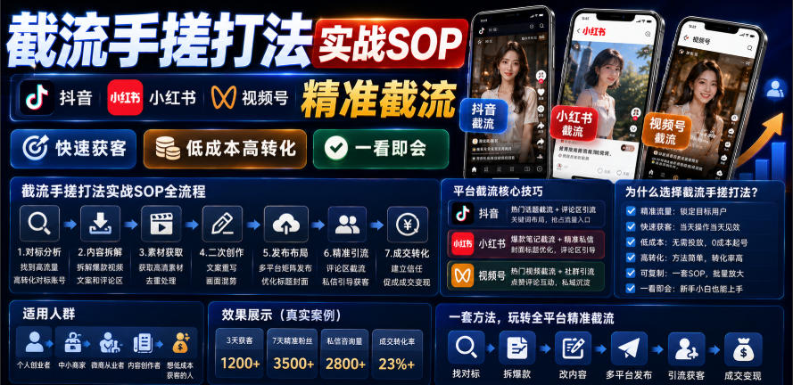 截流手搓打法实战SOP，抖音小红书视频号精准截流，快速获客，低成本高转化，一看即会-灰产星球