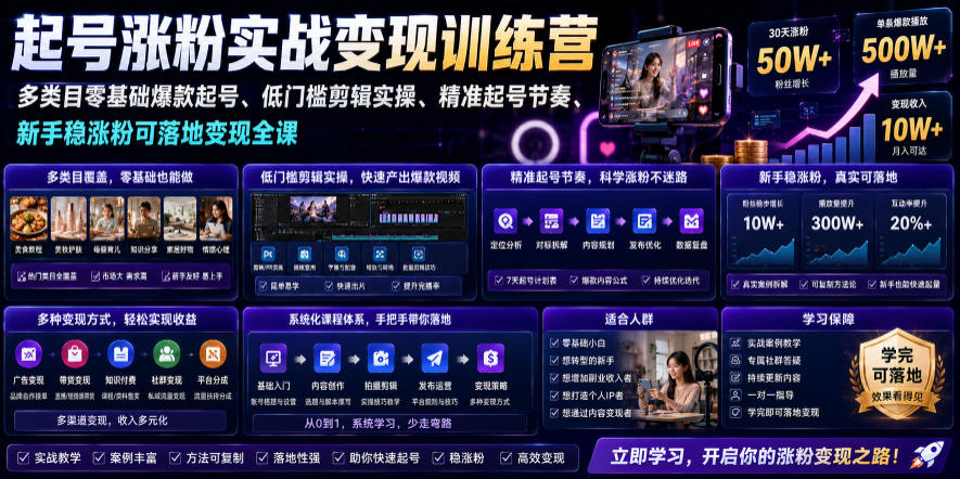 苗子起号涨粉实战变现训练营，多类目零基础爆款起号、精准起号节奏、新手稳涨粉可落地变现全课-灰产星球