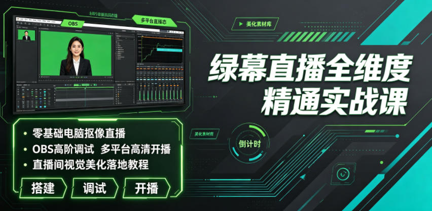绿幕直播全维度精通实战课｜零基础电脑抠像直播、OBS高阶调试、多平台高清开播、直播间视觉美化落地教程-灰产星球