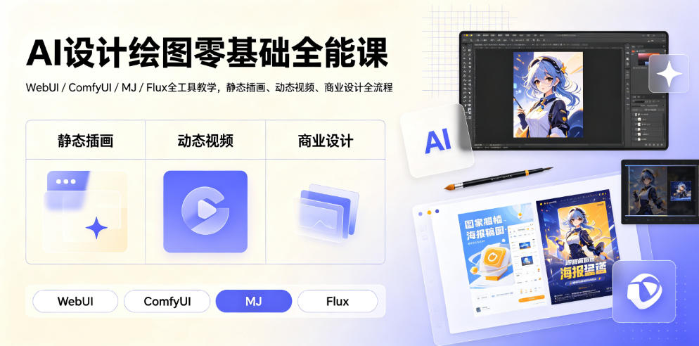 AI设计绘图零基础全能课｜WebUI/ComfyUI/MJ/Flux全工具教学，静态插画、动态视频、商业设计全流程-灰产星球