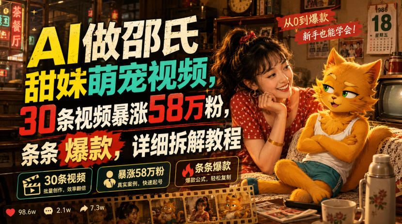 AI做邵氏甜妹萌宠视频，30条视频暴涨58万粉，条条爆款，详细拆解教程-灰产星球